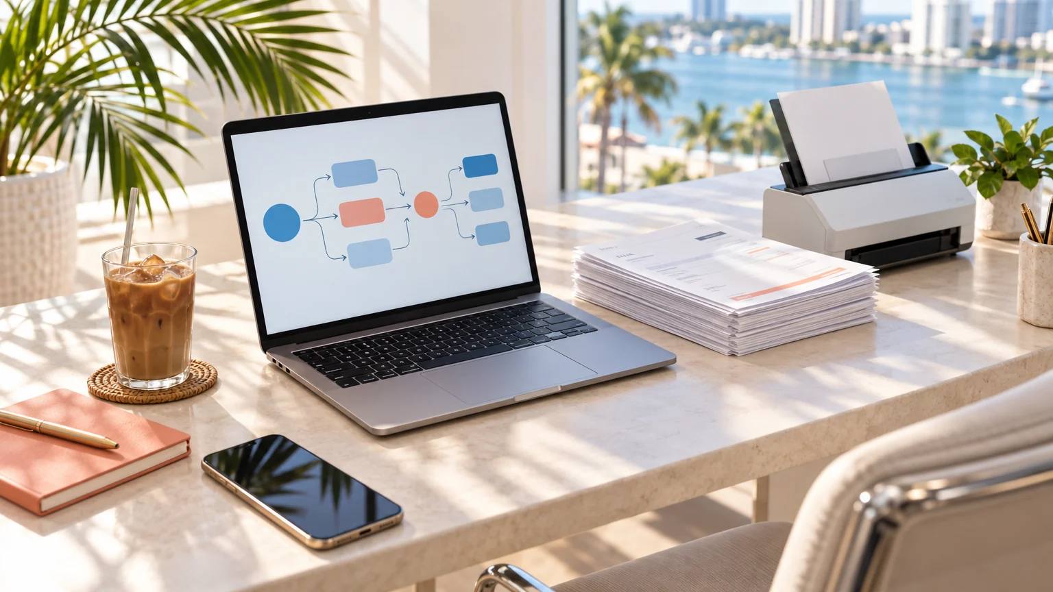 A tidy Florida office desk with a laptop showing an automated workflow diagram next to a stack of invoices and a document scanner