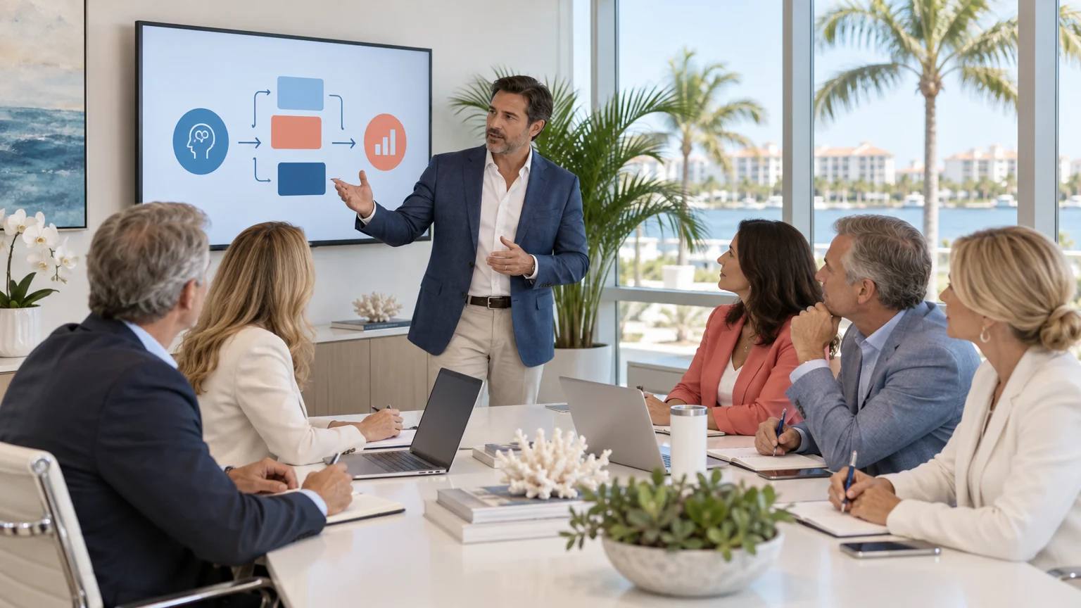 A Rock Hard consultant leading an in-person AI training workshop for a group of business professionals in a bright Boca Raton office