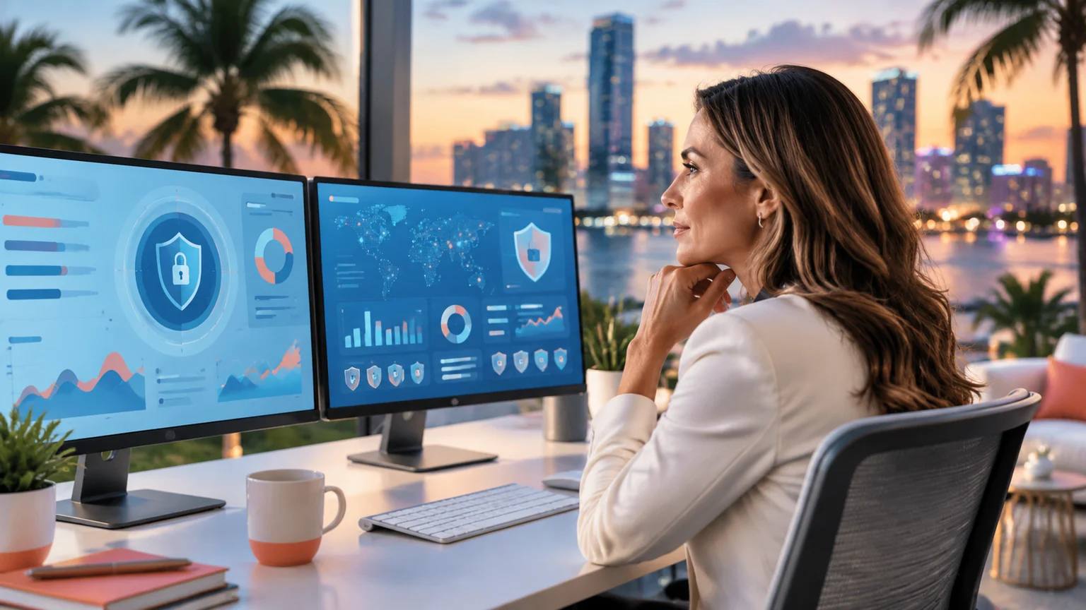 A security professional reviewing an AI security dashboard on two monitors in a South Florida office at dusk