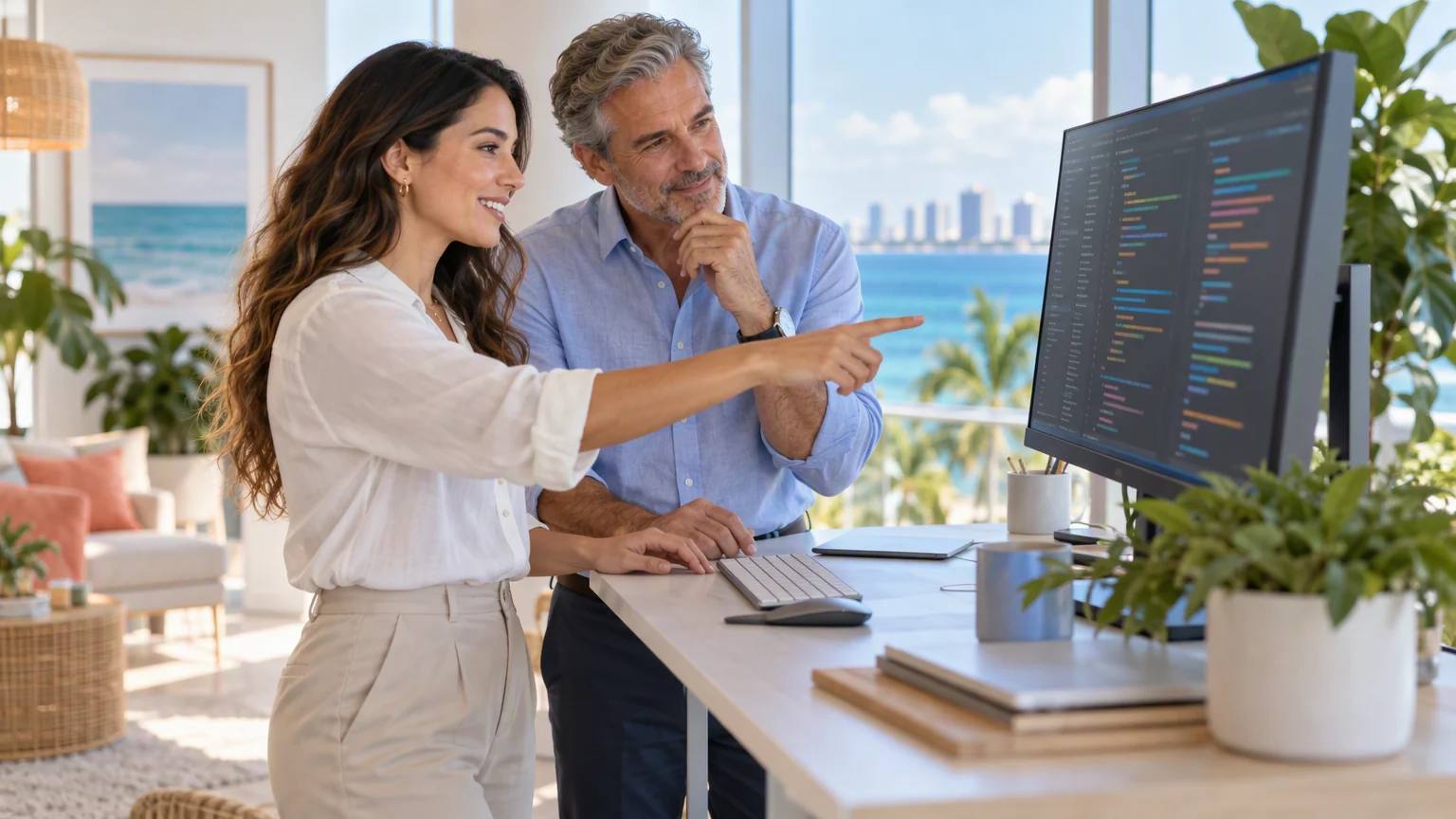 Two software developers collaborating at a standing desk in a bright coastal office, reviewing code on a large monitor