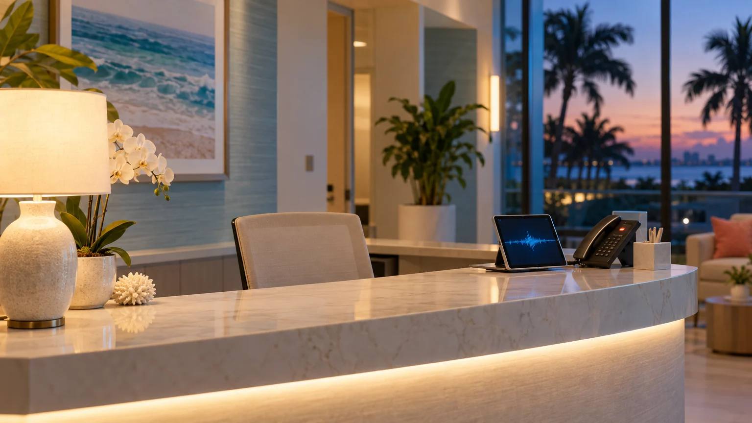 A calm medical office front desk after hours with a tablet showing a sound wave while an AI receptionist answers calls
