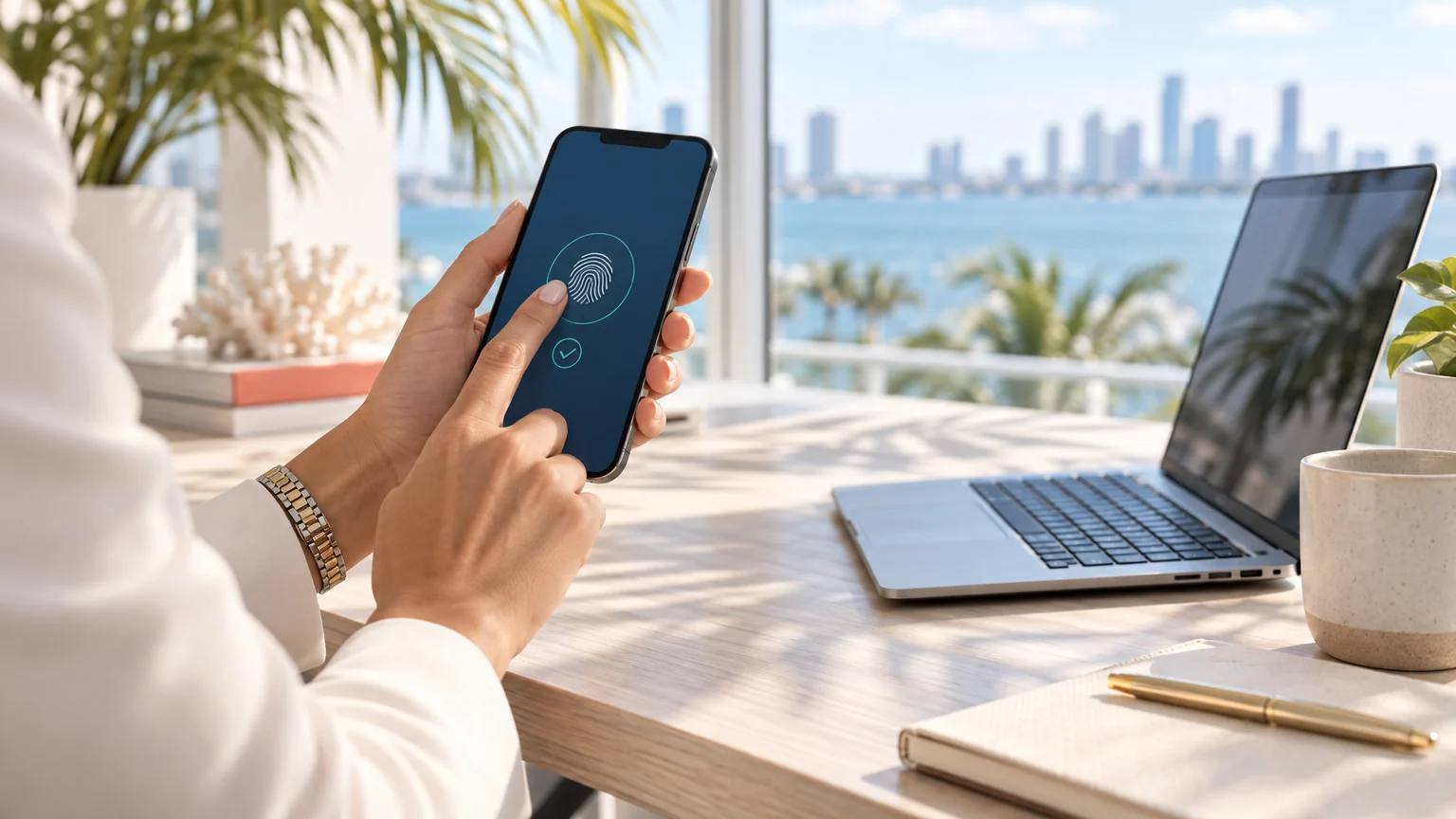 A professional approving a sign-in with a fingerprint passkey on a smartphone next to a laptop