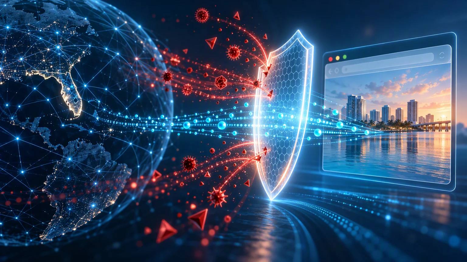 Illustration of a glowing shield in front of a website deflecting malicious traffic arriving from a global network